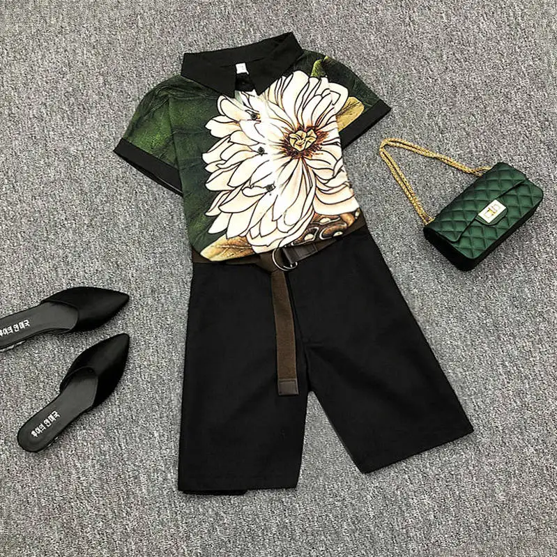 With Belt! Plus Size Women's Summer Casual Pants Sets Vintage Print Ladies Nice Short Sleeved Blouses+Shorts Pants Suits NS955