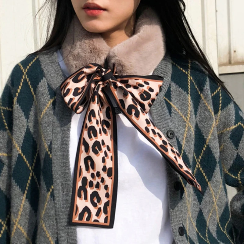 Korean Winter Warm Neckerchief with Leopard Scarf Imitation Rex Rabbit Plush Wild Fur Collar Bow  Hair Band for Women Girls