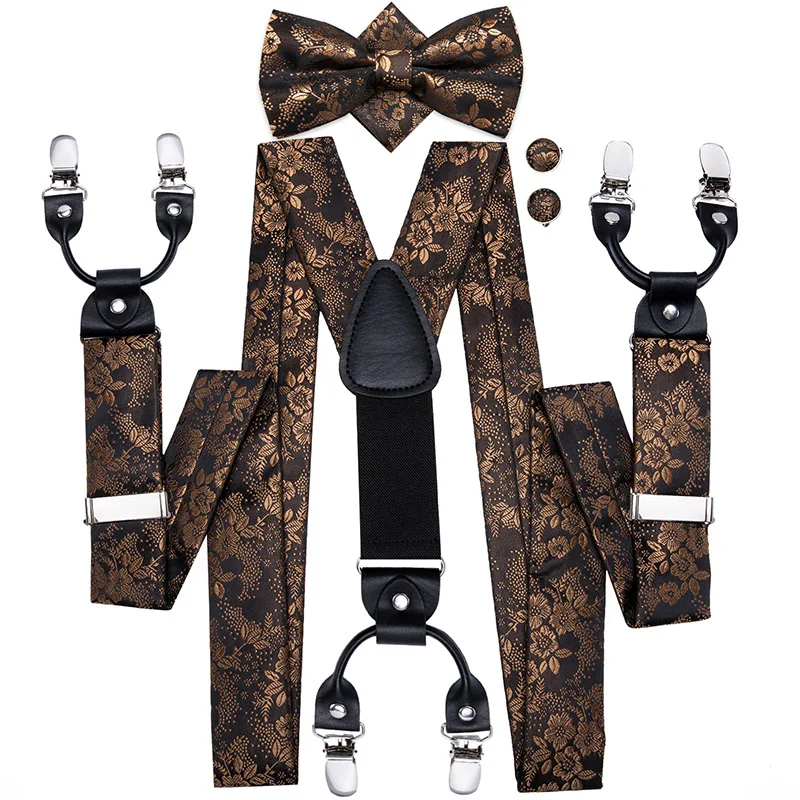 Oi-tie 100% seda masculino suspensórios conjunto flores de ouro 6 clipes vintage ajustável para homens cintas bowtie hanky abotoaduras y voltar cintas