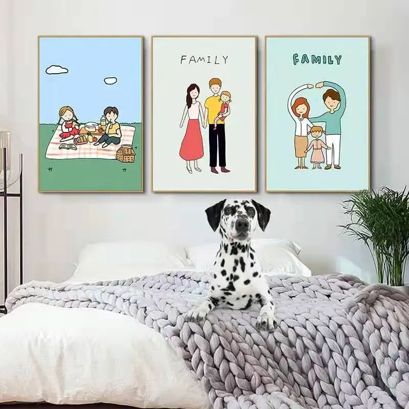 Happy Family Of Three Prints Cartoon Characters Living Room Dining Room Decoration Painting Warm Room Bedroom Mural