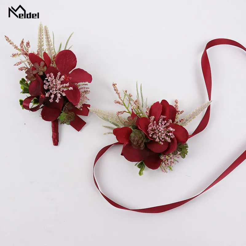 Corsages y Boutonniere de boda de seda roja para mujer, broche, ramillete, pulsera, flor, novio, ojal, boda, hombre