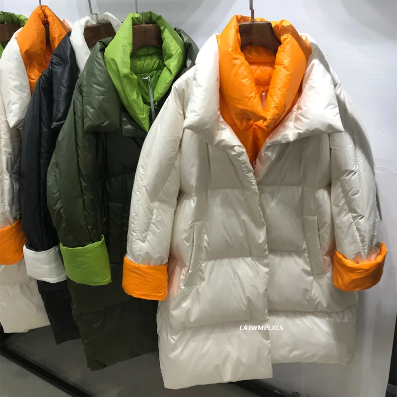 

Korean Winter Puffer Jacket Women Down Coat 2022 Fashion Winter New White Duck Down Scarf Long Loose Thick Coat YRF262