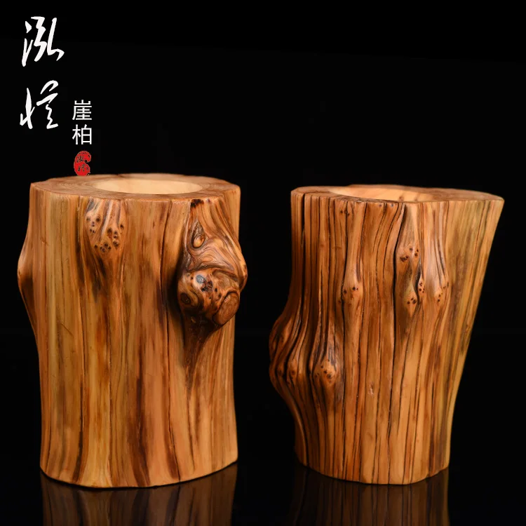 Taihang Cypress Pen Container, Aging Wooden Pen Holder, Desk Organizer