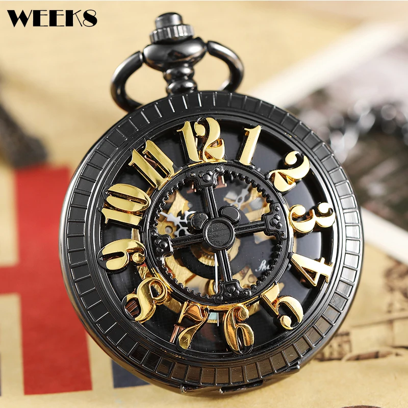 

Roman Numeral Mechanical Pocket Watch Luxury Black Gold Steampunk Skeleton Big Numbers Fob Chain Clock for Men Women Collection