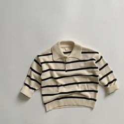 MILANCEL Kids Sweaters Striped Boys Knitwear Turn Down Collar Girls Knit Pullover