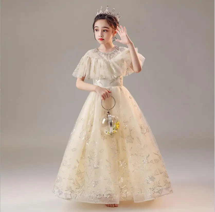 

Champagne Flower Girl Wedding Dress Teenage Children Formal Evening Party Long Dress Kids Dresses For Banquet Princess Gown