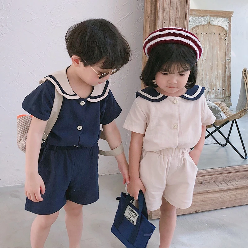 2020 Summer Korean Style Kids Sailor Collar Cotton Linen Clothes Sets Cute Boys Girls Short Sleeve T Shirt + Shorts 2Pcs Suits