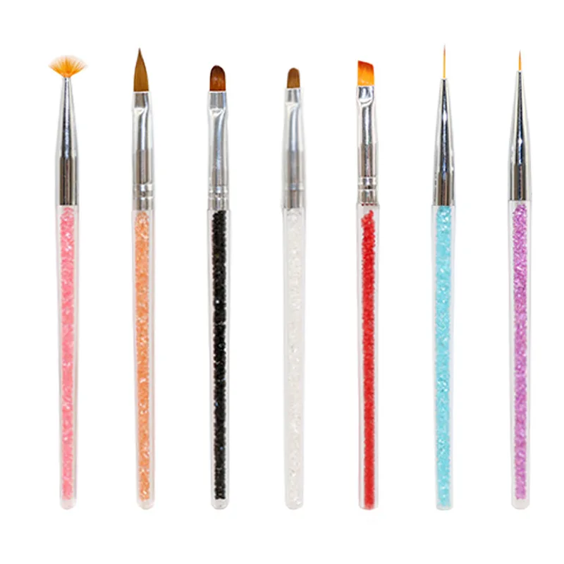 7 stks/set Nail Art Brush Set UV Gel Nagelschilderborstels met Strass Handvat Nail Liner Brush Tekening Pen Nagelborstel T0710