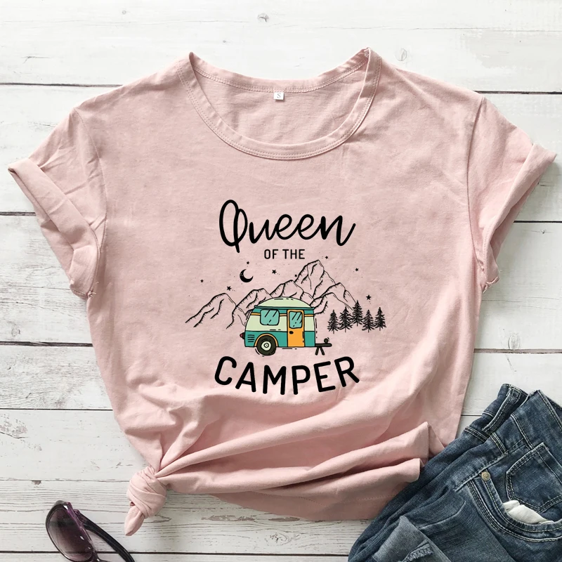 Colored Queen Of The Camper T-shirt Aesthetic Hipster Summer Vacation Tshirt Cute Women Camping Outdoor Top Tee Shirt