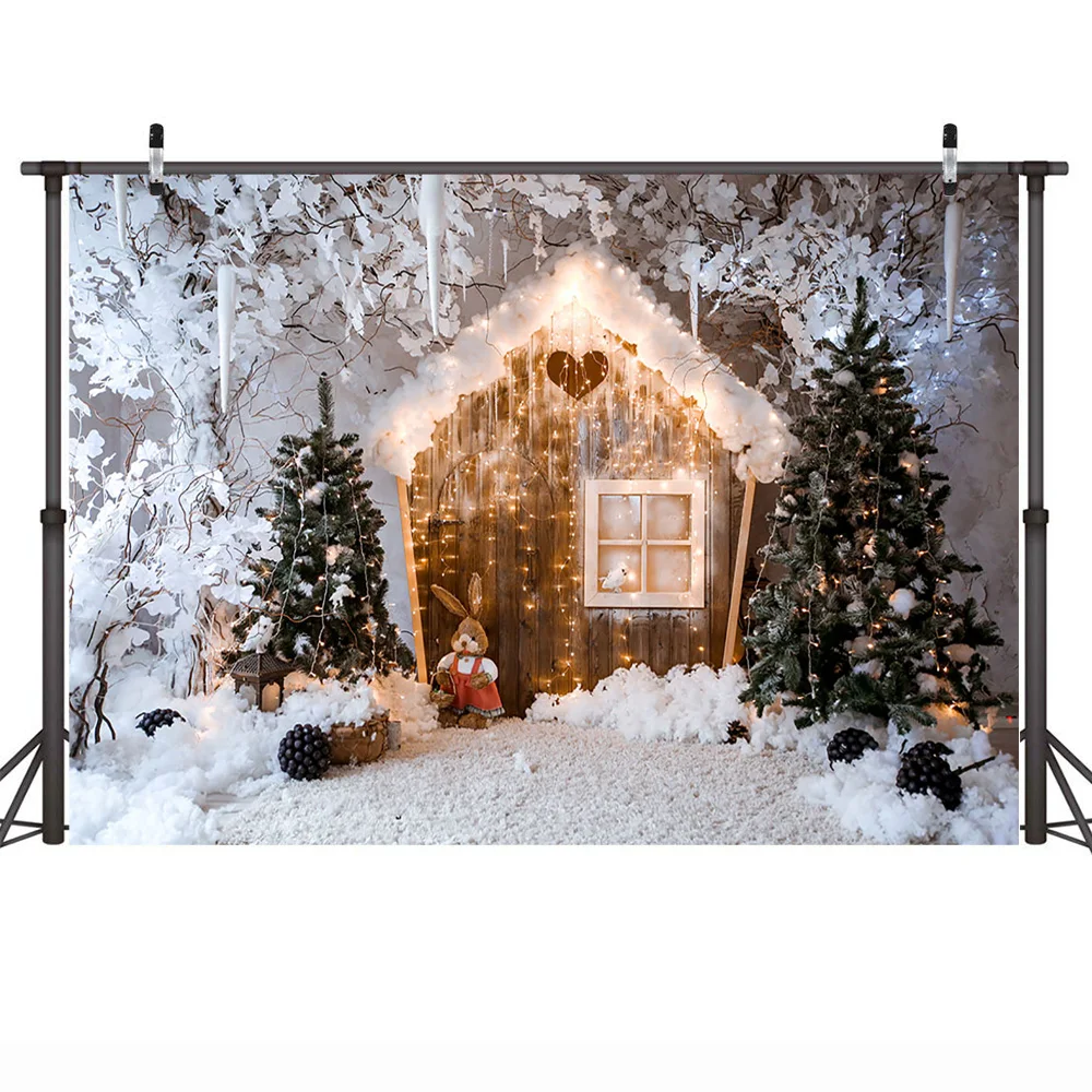 Winter Snow Backdrop for Photography Christmas Tree Frozen Wonderland House Xmas Party Banner Decor Background Rabbit Light