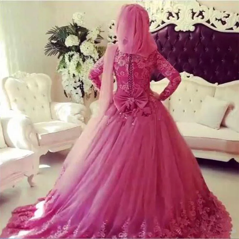 Vestidos de novia musulmanes de manga larga, cuello alto, de encaje, estilo islámico Vintage Dubái, con Hijab, 2019