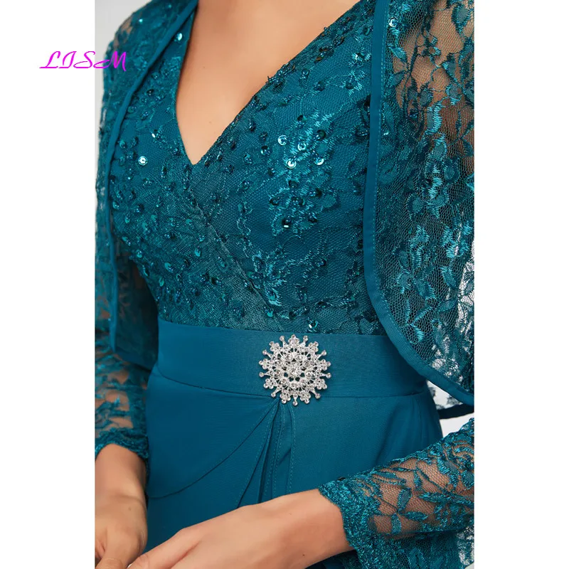 Elegant V-Neck Glitter Lace Mother of the Bride Dress with Jacket Applique Knee Length Chiffon Formal Evening Dress Mother Gowns