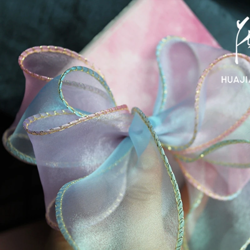 

25yards/roll Gradual Rainbow Color Organza Wired Ribbon 50mm Deco Material For Hat Hairbows Hair Ties Hairbands For Kids