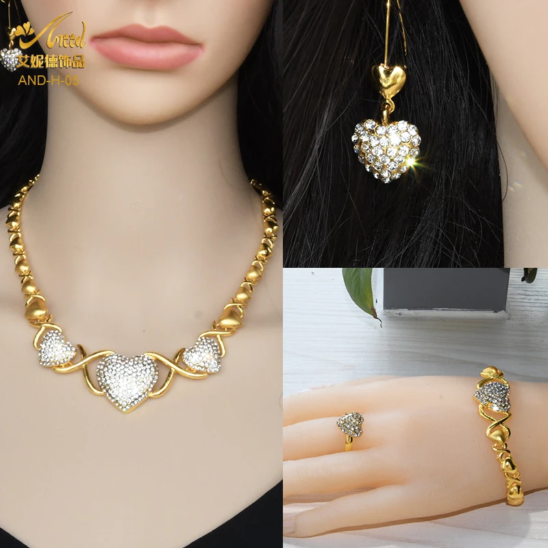 ANIID XOXO Women Gold Plated Jewelery Set Heart Necklace African Wedding Bangles Ethiopia Dubai Morocco Nigerian Luxury Bridal