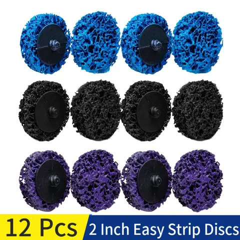 12 PCS 2 인치 쉬운 스트립 디스크 폴리 스트립 휠 디스크 연마 앵글 그라인더 녹 페인트 박리 재료 제거를위한 청소 도구