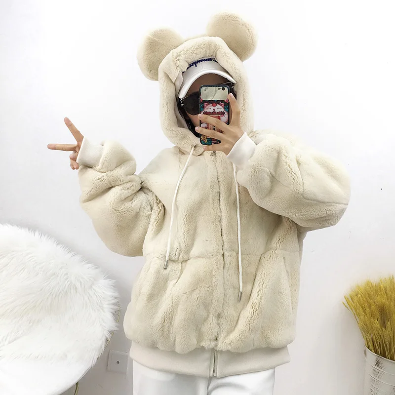 MENINA BONITA 2022 Natural Fur Jacket Cute Cartoon Mouse Maickey Winter Women Coat Leopard Real Rex Rabbit Fur Hooded Outerwear