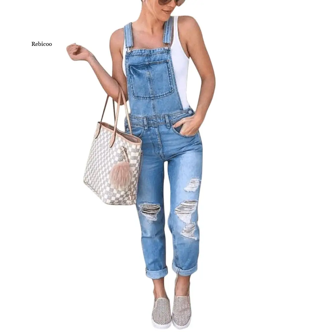 

New Lady Denim Overalls Jumpsuit Rompers Belted Hole Hollow Out Pocket Women Casual Fashion Female Pants