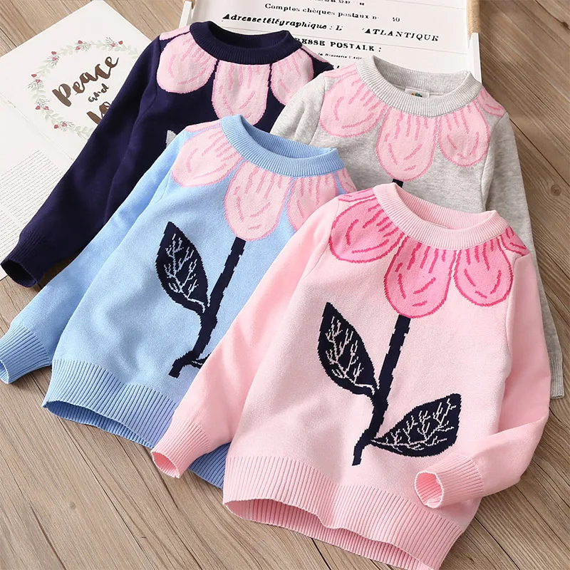 2024 Autumn Winter New 3 4 5 6 8 10 Years Kids Children O-Neck Long Sleeve Big Flower Floral Baby Girl Knitted Pullover Sweater