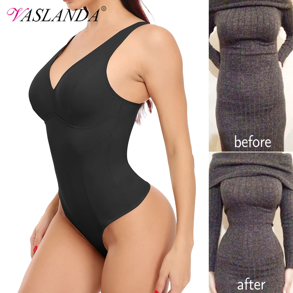 Shapewear Bodysuit Thong Shaper for Women Waist Trainer Body Shaper Deep V Neck Slimming Underwear Built-in Bra Camisoles Tops