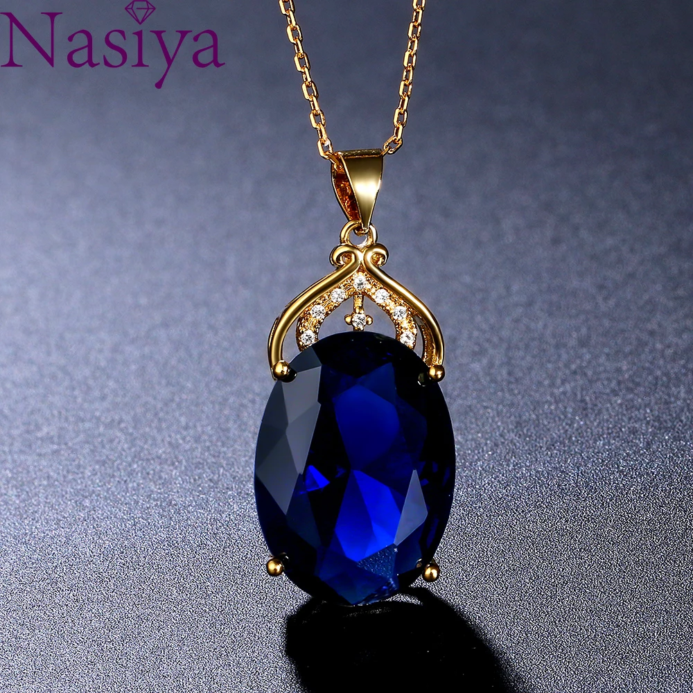 Amethyst Sapphire Gemstone Charm 18k Gold Plated Silver 36CT Oval Crystal Zircon Pendant Necklace Lady Wedding Jewelry