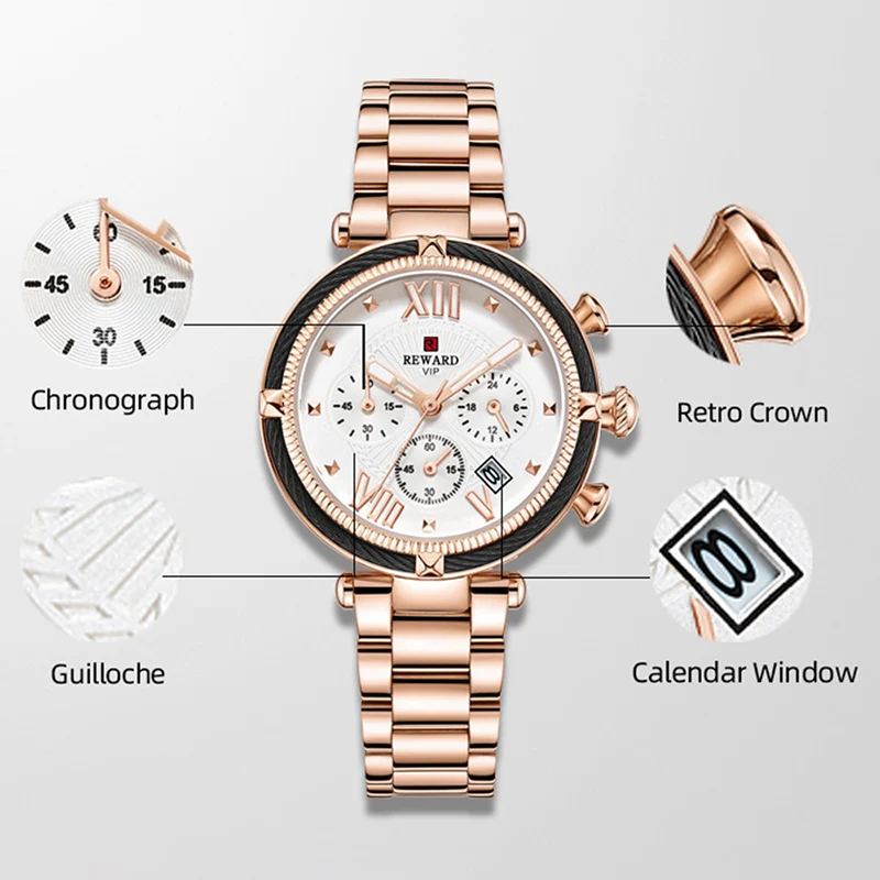 REWARD Fashion Women Wristwatch Stainless Steel Strap Quartz Watches Chronograph Calendar Waterproof Wrist Watch Gift for Wife