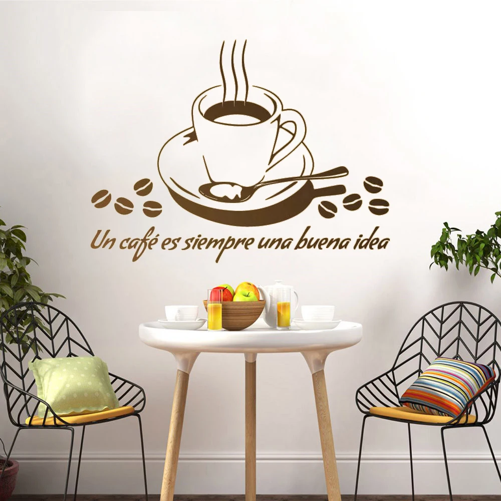 Spanish Quotes Un Cafe Es Siempre Una Buena Idea Wall Decal Vinyl Cut Sticker For Coffee Shop Bar Muraux DIY