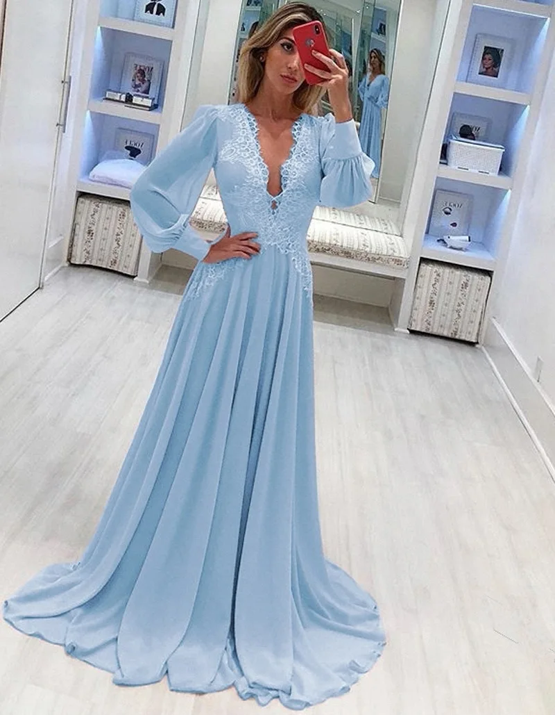 2023 Elegant Blue Muslim Arabic Evening Dress V-Neck Chiffon Lace Plus Size Long Prom Party Gowns Vestidos De Noiva