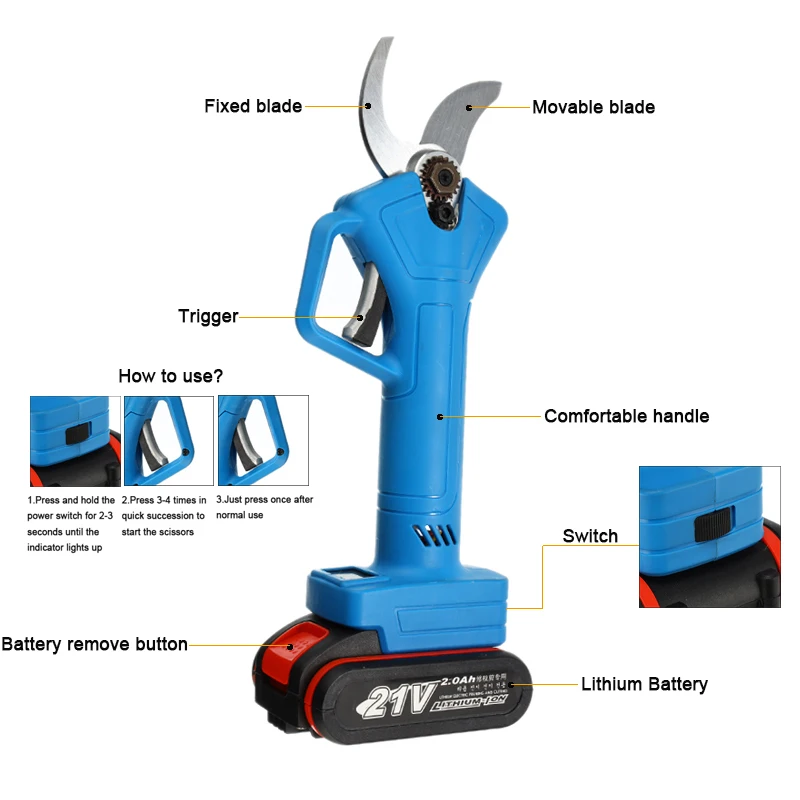 21V Rechargeable Electric 2.5cm Tree Trimmer Battery Powered Hedge Cutter Electric Pruning Shears Scissors