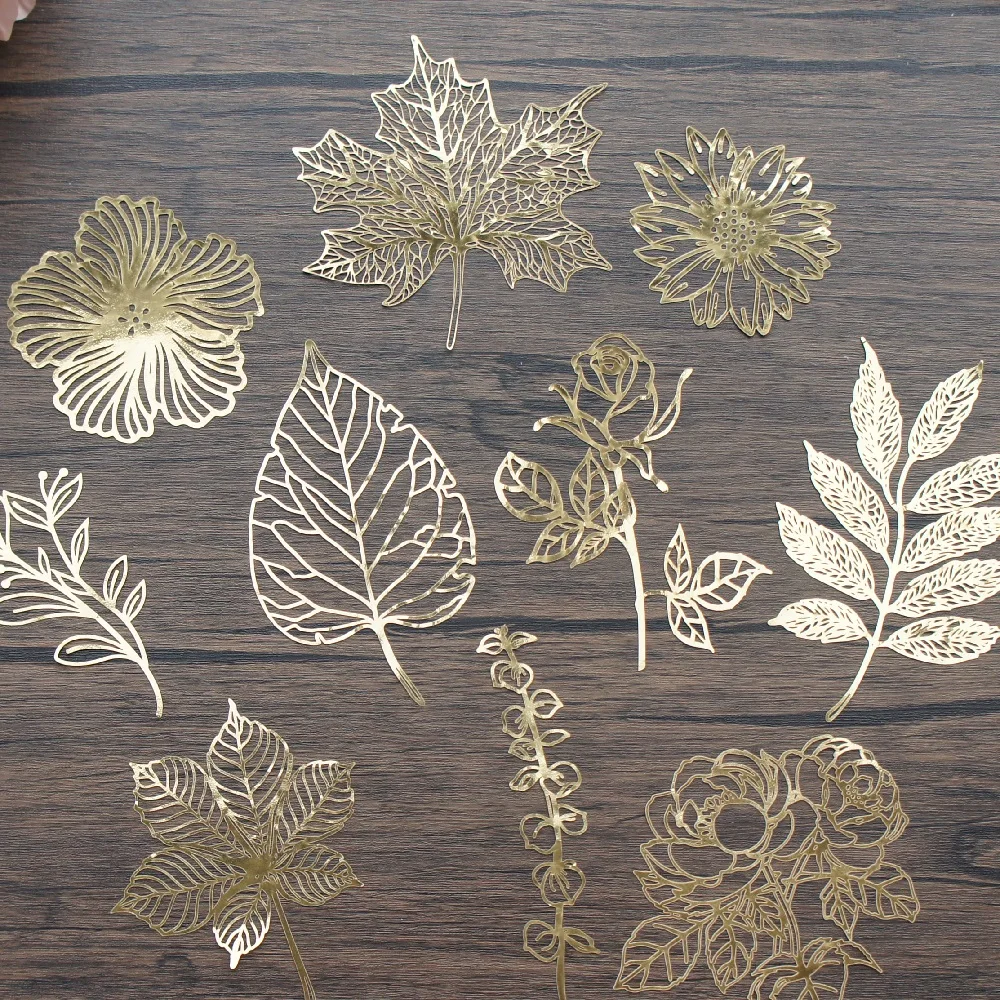 10pcs Gold Hollow Out Paper Flower Leave Vein Design As Scrapbooking Background Decoration Use