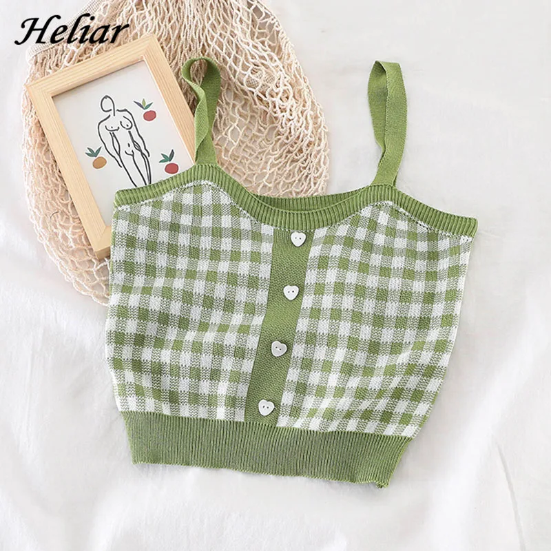 HELIAR Women Plaid Crop Tops Buttons Camis Knitting Cute Tank Tops Ladies Sleeveless Solid Crop Tops Women 2024 Summer