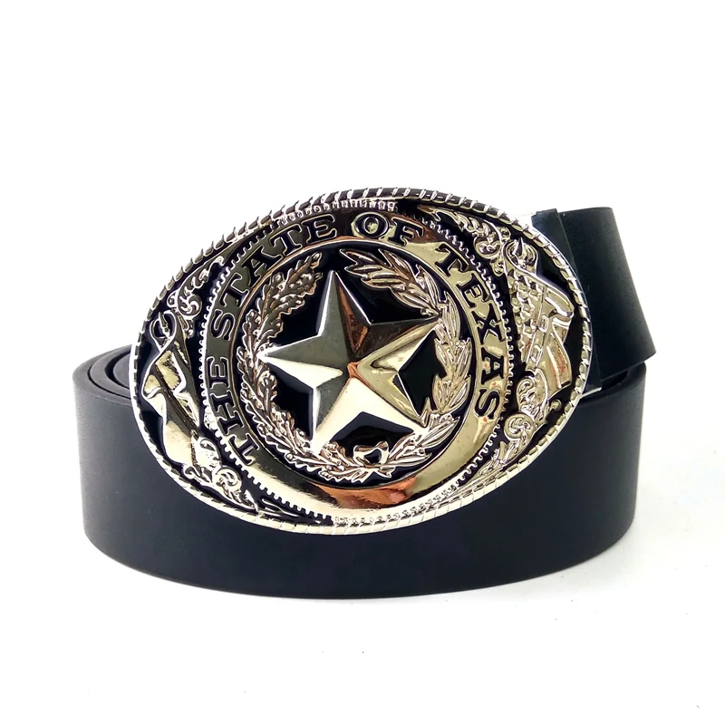 Mens Fashion Western Cowboy Belt with State of Texas Flag Logo Big Buckle Metal Black Pu Leather Belts for Jeans