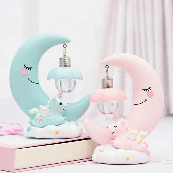 LED Night Light Resin Moon Unicorn Cartoon Baby Lamp Romantic Bedroom Decor for Children Kid Girl Toy Children\'s Gift Cute Light