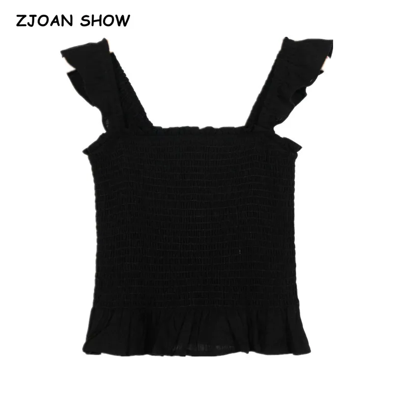 

French Style Vintage Elastic Women Tank Top Elegant Elastic Solid Black White Women top Stretch Ruffles women Camis