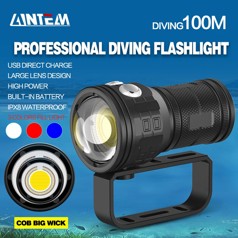 Lanterna de Mergulho Subaquático Poderosa, COB LED Light, Scuba Torch Lamp, Luz de Mergulho, Fotografia, 12800mAh, IPX8, 80m, 15000Lumen