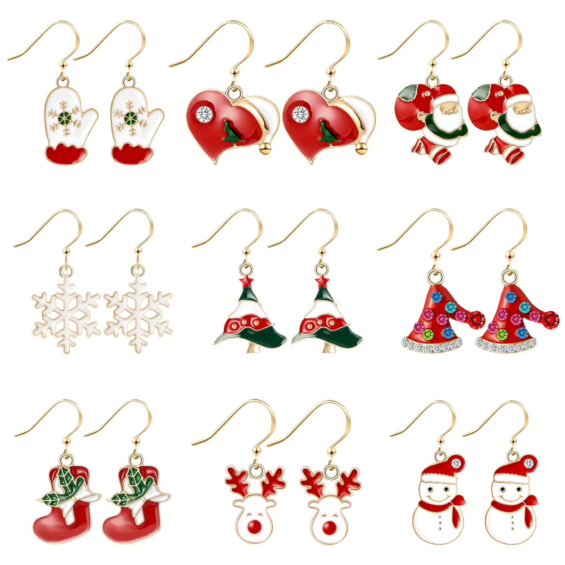 BONISKISS 9 pairs/sets 2020 Cartoon Santa Claus / Snowman / Bell / Elk Earrings Christmas Decoration Xmas Gift Ornaments Navidad