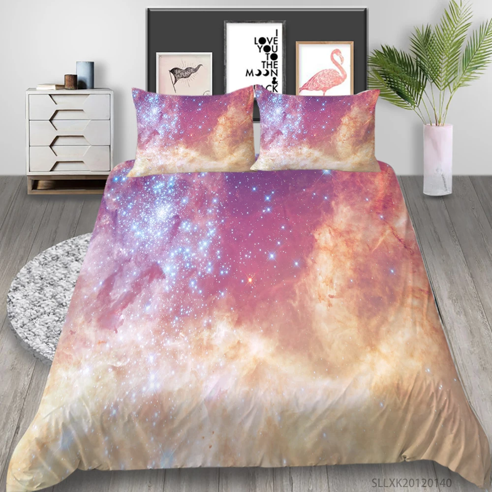 

3D Bedding Set Luxury Galaxy Duvet Cover Set Queen Size Pink Beautiful 2/3 Pcs Highend Bedclothes Kids Child Teen Bed Gift