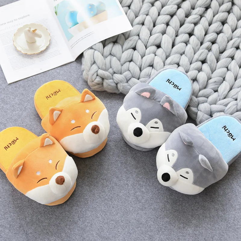 2024 Hot Sale Women Home Shiba Inu Slippers Winter Warm Shoes Husky Slip on Flats Slides Female animal Slippers Women Shoes image 3