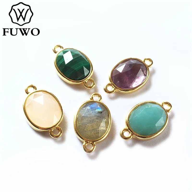 FUWO Tiny Oval Charm 12mm Natural Malachite Labradorite Amethysts Pink Quartz Sunstone Pyrite Connector for Jewelry Making PD299