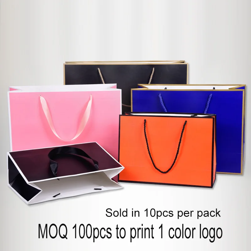 Bordered Paper Bag, Customize 1C Logo for Promotion Clothing, Gift Bag Packaging, Shopping Twill, Wedding, Birthday, 10Pcs