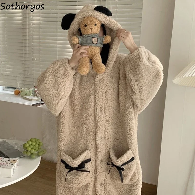 Hooded Women Nightgowns Cute Bow Pocket Patchwork Warm Cozy Simple Single Breasted Students Kawaii Soft Loose Daily Nightdress