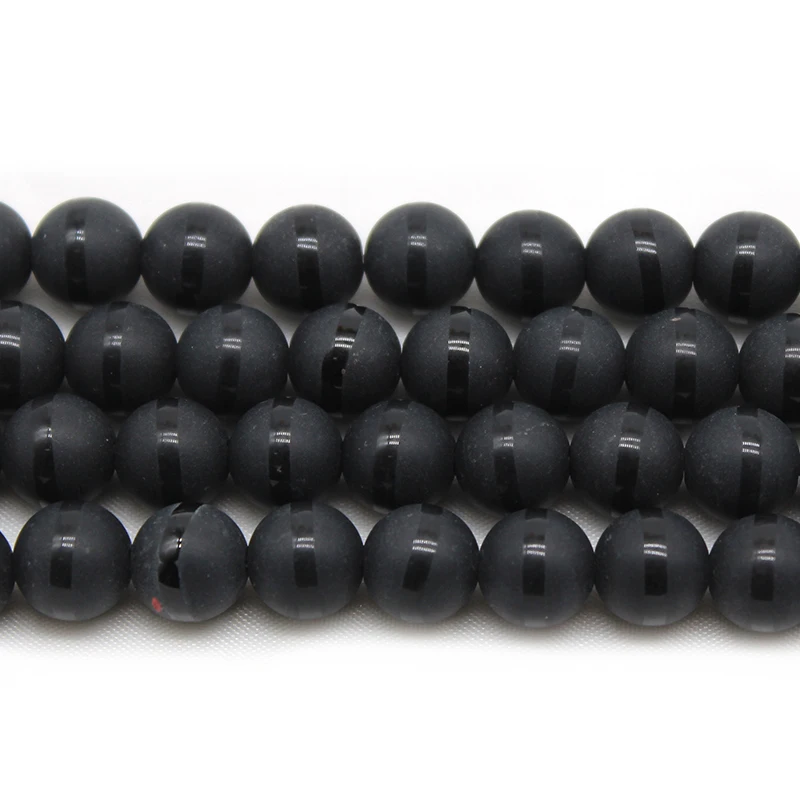 Natural Matte Black Agates Stone Beads with Black Line Stripe Round Loose Beads 6 8 10 12 MM 15