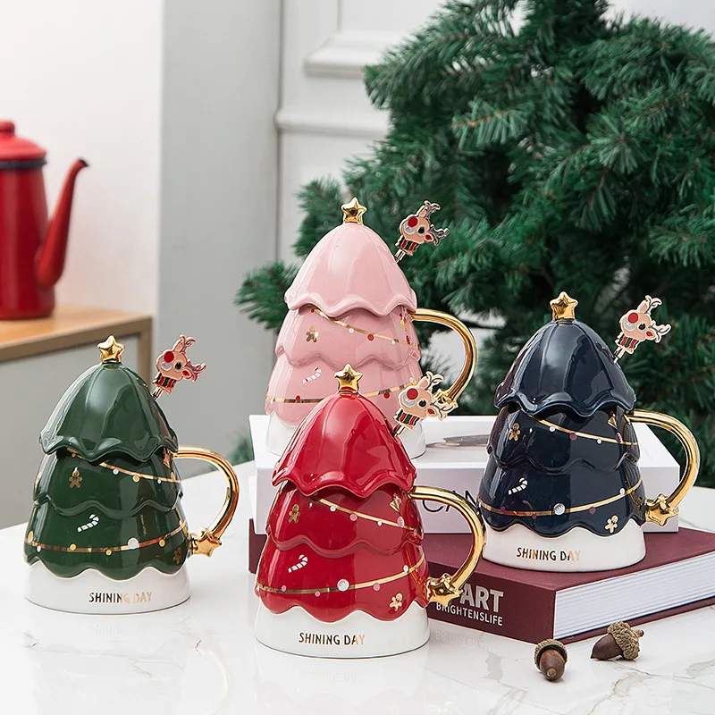 420ml Christmas Tree Ceramic Mugs Coffee Milk Kawaii Cute Cups With Lids Fashion Girl Office Drinking Cup Latte Espresso Cups