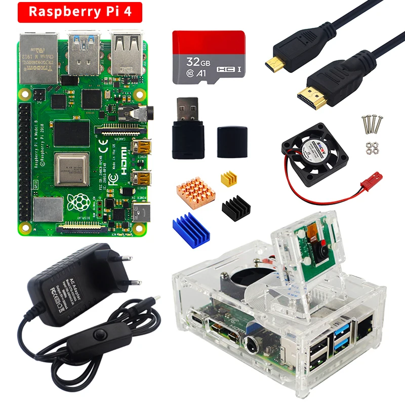 Raspberry Pi 4 Kit 2GB 4GB 8GB RAM Board+ 5MP Camera+ Acrylic Case+ Power Supply+ SD Card+ Heat Sinks for Raspberry Pi 4 Model B