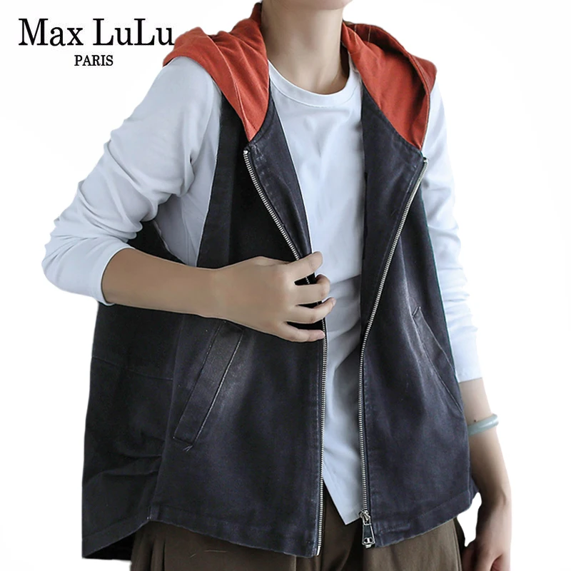 Max LuLu เกาหลีฤดูใบไม้ร่วง2021แฟชั่นสตรี Hooded สีดำ Denim Vest สุภาพสตรีซิป Casual Waistcoats หลวมเสื้อผ้าแขนกุด