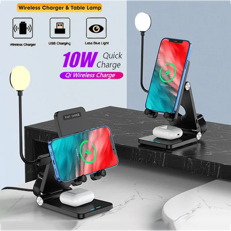 

4 In 1 10W Qi Fast Wireless Charger Dock Table Night Light For iPhone 13 12 11 Mobile Phone Charging Holder LED Lamp Phone Stand