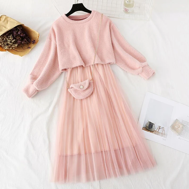 Autumn Winter Suit Women Dress Two Piece Set Casual 0-Neck Sweet Sling Mesh Midi Dress Long Sleeve Elegant A-line Vestidos