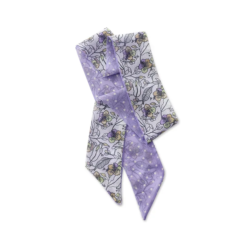 Summer French Retro Purple Tied Hair Small Floral Long Silk Scarf Headband Braided Hair Chiffon Thin Ribbon Scarf