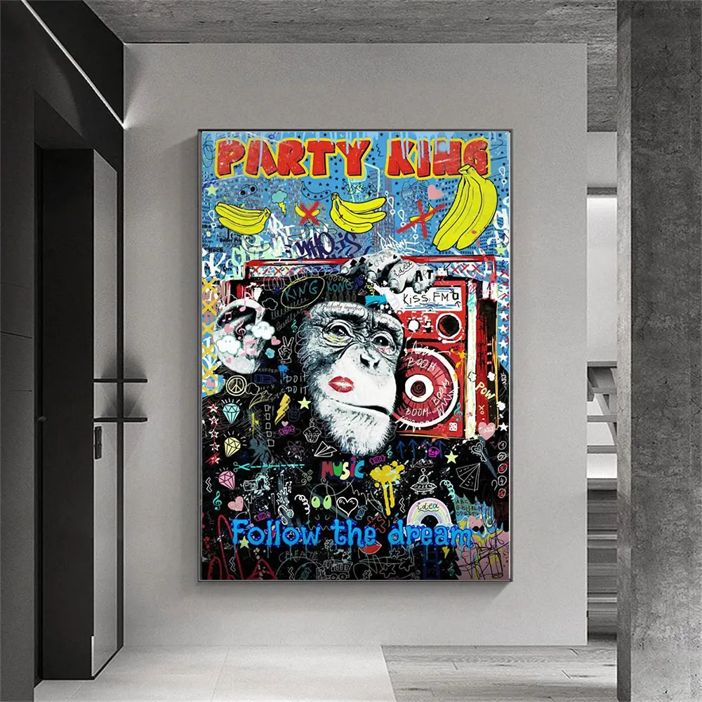 

Party King Gorilla Banana Pop Art Canvas Painting Abstract Graffiti Poster Wall Art Print Picture Living Room Home Decoration