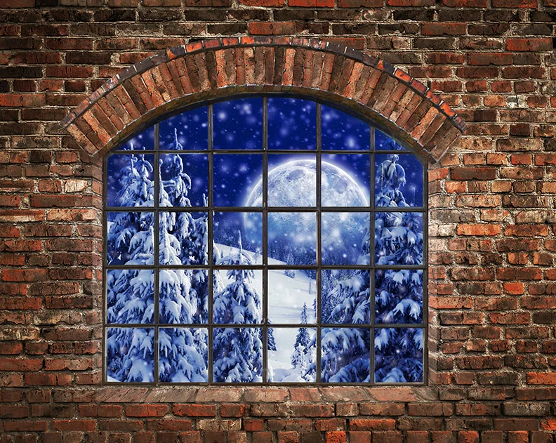 Night Winter Snow Tree Full Moon Old Red Brick Wall Windows background High quality Computer print party backdrops