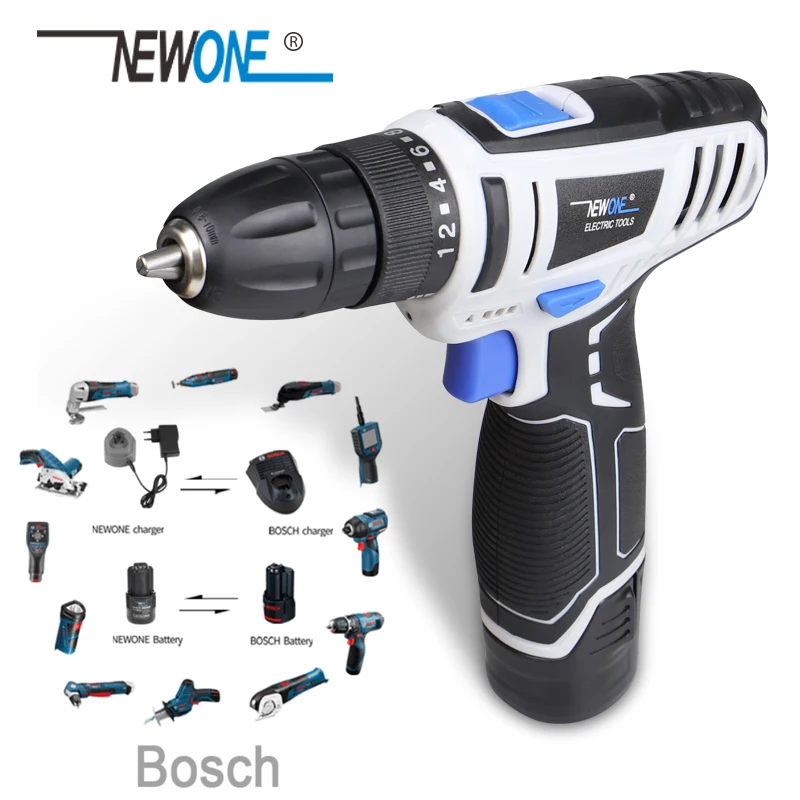 NEWONE 12V 2.0Ah Li-ion Mini Cordless Drill 18+1 Screwdriver Compatible With Bosch Battery And Charger Screwing Drilling